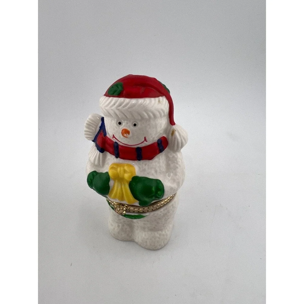Christmas Snowman Trinket Box Red‎ Santa Hat & Scarf Glazed Porcelain